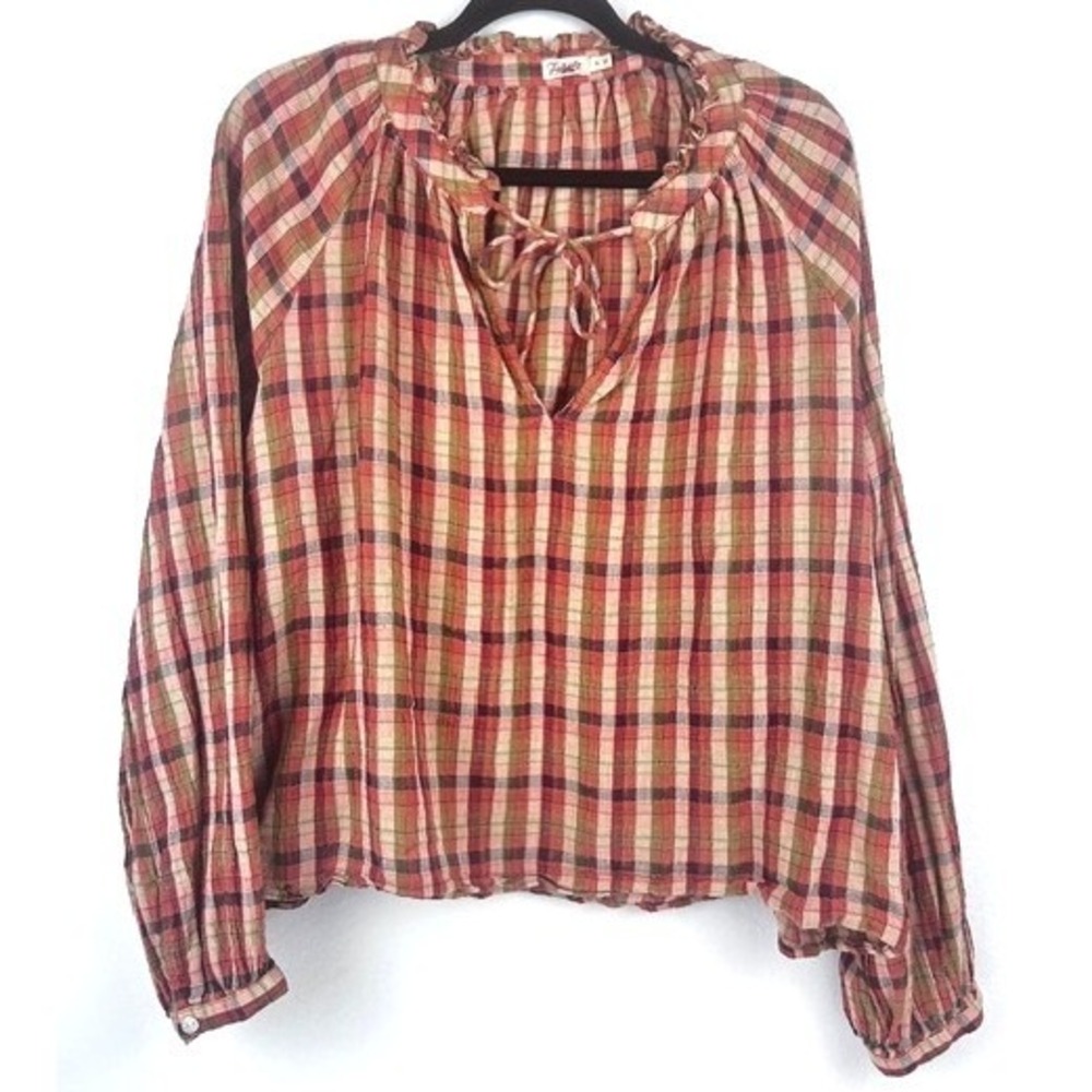 Faherty Peasant Boho Blouse Red Orange Plaid Ruffle Tie Neck Women XL